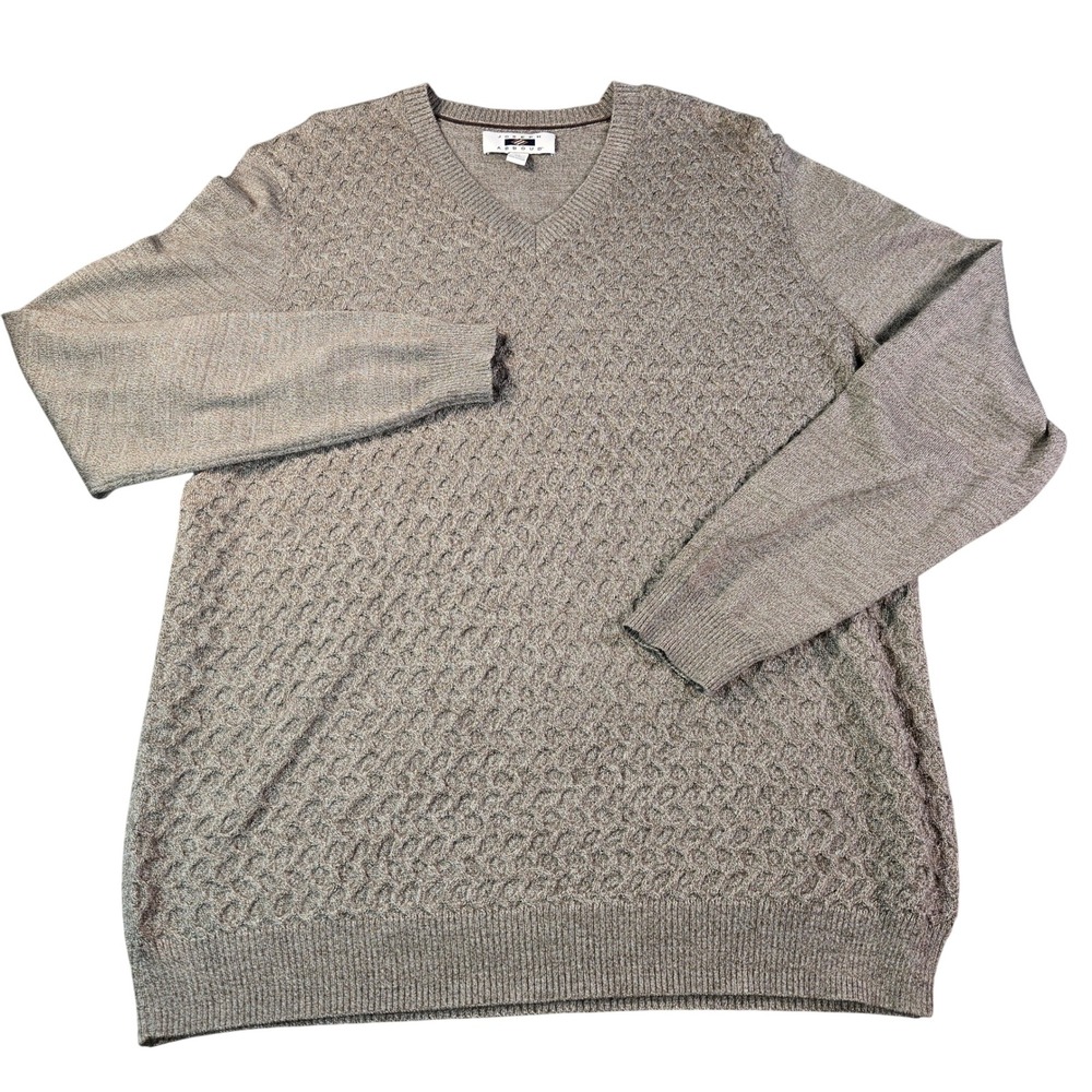 Joseph Abboud Mens XL V-Neck Sweater Merino Wool Blend Textured Knit Taupe Brown
